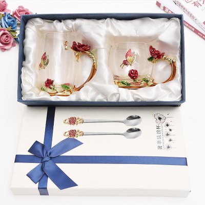 批发花茶杯水晶杯 创意婚庆礼品定制 玻璃杯女赠品套装珐琅彩水杯批发