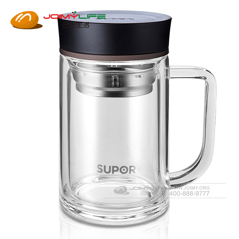 双层玻璃杯带盖手柄把 便携水晶杯办公室水杯定制