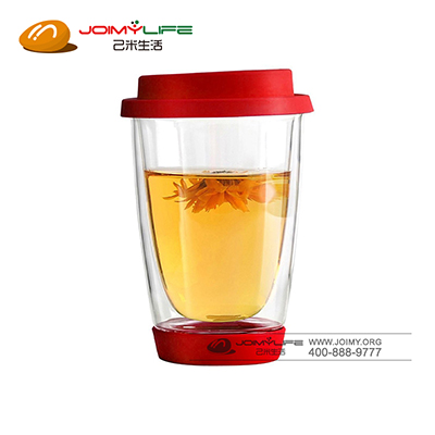 带盖带底双层玻璃杯 硅胶盖底隔热花茶杯定制