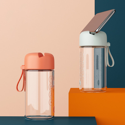 手机支架玻璃水杯现款定制 男女学生便携提手可爱随手水杯批发