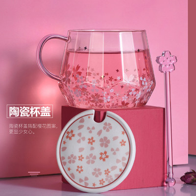 少女钻石樱花图案搅拌棒牛奶杯 可爱玻璃杯定制