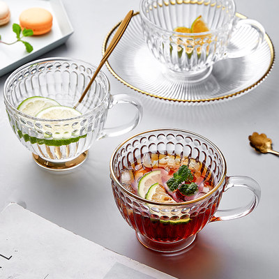 金边玻璃杯家用杯 大容量带把早餐杯咖啡杯杯子