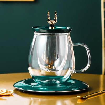 轻奢风玻璃茶杯 办公室用杯子 潮流带盖手柄花茶杯厂