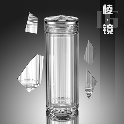 16棱边高档商务玻璃杯 双层办公室透明水杯个性