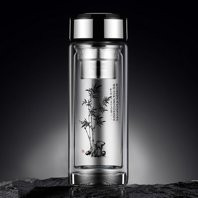 字画玻璃杯 男士高档商务茶杯 双层隔热加厚透明