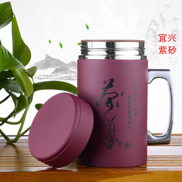 厂家批发精品办公宜兴紫砂杯不锈钢保温杯可定制LOGO礼品促销杯子