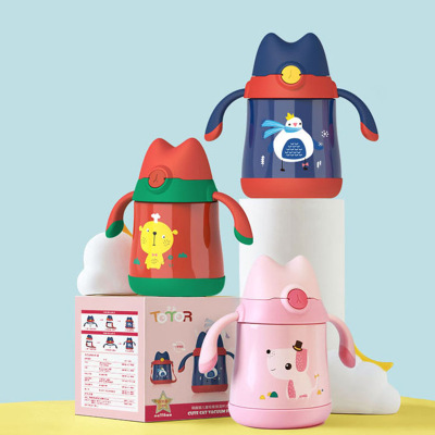 316不锈钢保温杯定制 一杯两用宝宝防摔手柄水杯子 儿童吸管杯批发