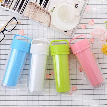 创意时尚手提双层环保水杯 塑料直身杯子可定制LOGO