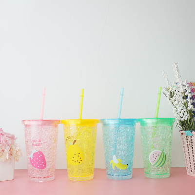 夏日平盖水果冰杯定做logo 学生保冷杯批发 优质双层水杯厂家直销