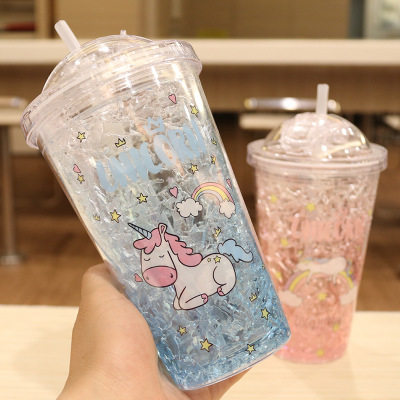 学生清新可爱卡通塑料杯定制 吸管碎冰杯双层制
