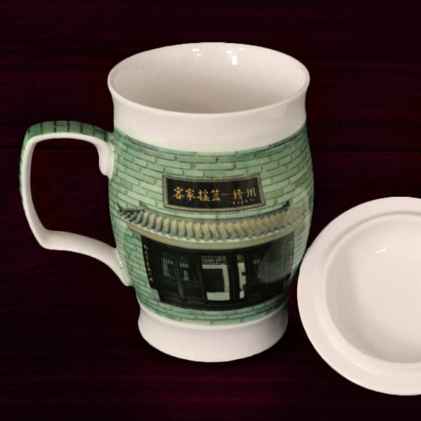 客家风景白瓷杯
