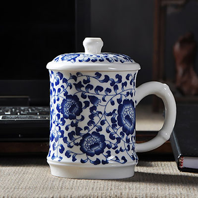 恒越青花瓷杯子 办公室杯子带盖景德镇 骨瓷水杯