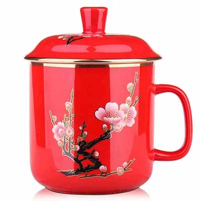 红瓷陶瓷杯带盖骨瓷杯