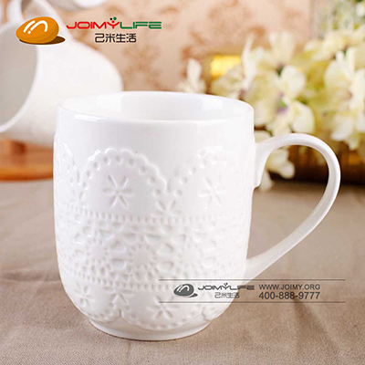 答琪纯白浮雕陶瓷杯 马克杯咖啡杯定制
