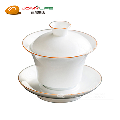 纯手工紫金线甜白青釉三才盖碗 陶瓷功夫茶具定制