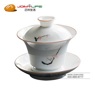 景德镇手绘粉彩梅花三才盖碗 手工功夫茶具定制