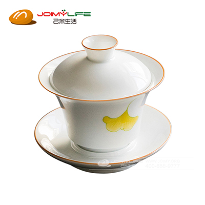 景德镇手绘甜白落叶三才盖碗 陶瓷泡茶器 普洱功夫茶具定制
