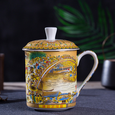 景德镇清明上河图骨瓷茶杯定制 骨瓷杯大号商务办公礼品会议杯LOGO定制