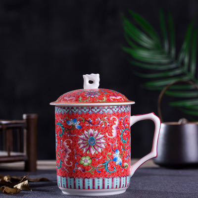 批发定制景德镇骨瓷杯 珐琅彩茶杯扒花办公杯定制 带盖特大号骨质瓷水杯批发