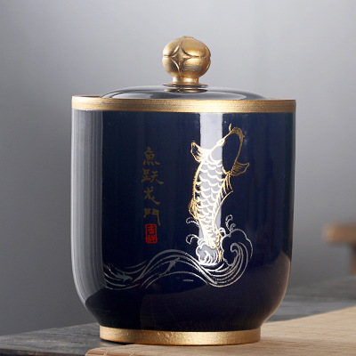 茶叶罐陶瓷霁蓝小号密封储物罐批发 手工描金通用防潮大茶叶包装罐定制