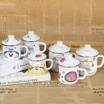 搪瓷盖杯搪瓷卡通儿童杯定制 带盖搪瓷杯子加厚