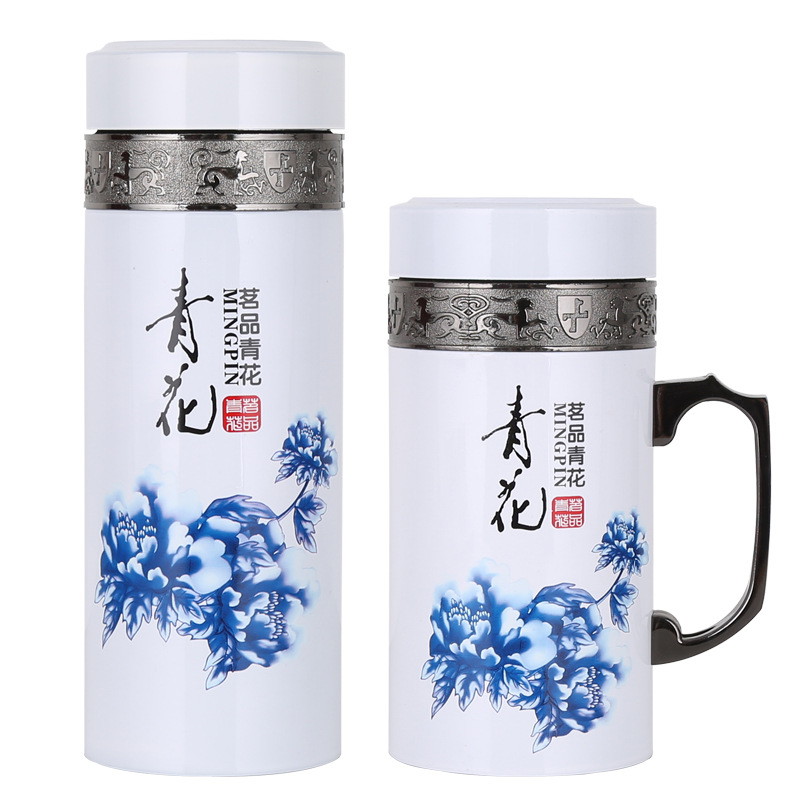 青花瓷保温杯带盖陶瓷杯定制 陶瓷保温杯礼品杯水杯定制