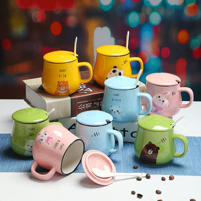 简约办公室水杯 陶瓷杯定制 logo咖啡杯带盖勺