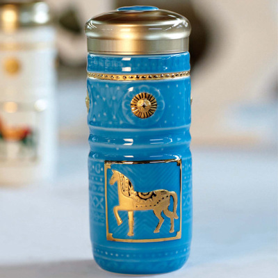 高档商务礼品杯定制 活瓷皇家骏马陶瓷随身杯批发 鎏金工艺送领导随手杯