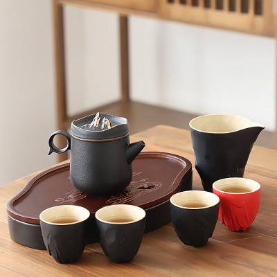 德化黑陶茶具套装 粗陶茶具观山描金设计七件套商务送礼可定制LOGO