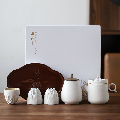 德化观山茶具套装 粗陶便携旅行茶具配茶盘高档商务礼品定制LOGO