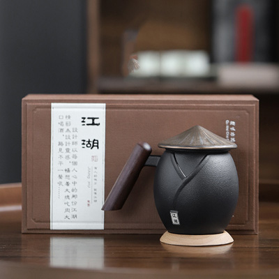 新款带过滤江湖马克杯 办公杯茶杯批发 日式创意木柄陶瓷情侣杯可定制