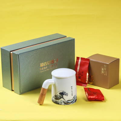 德化白瓷马克杯 创意海浪茶杯办公杯陶瓷 带盖带过滤内胆可定制logo