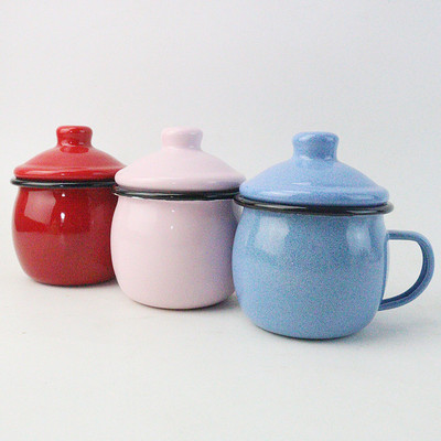 搪瓷卡通杯 搪瓷咖啡杯 复古牛奶杯子 彩色带盖茶杯定制
