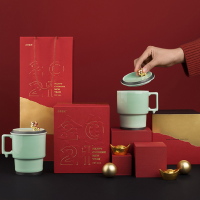 古婺窑火陶瓷杯子带盖马克杯 办公水杯男本命年礼物女属牛年礼盒装