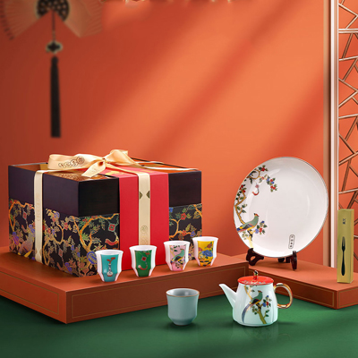 新年礼品定制 喜乐白瓷果盘茶壶茶具礼盒