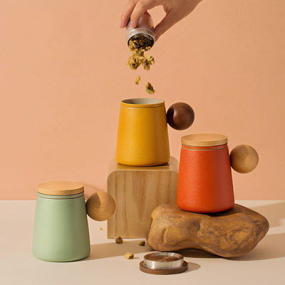 个性球把磨砂陶瓷泡茶杯 办公室轻奢茶水分离马克杯早餐杯