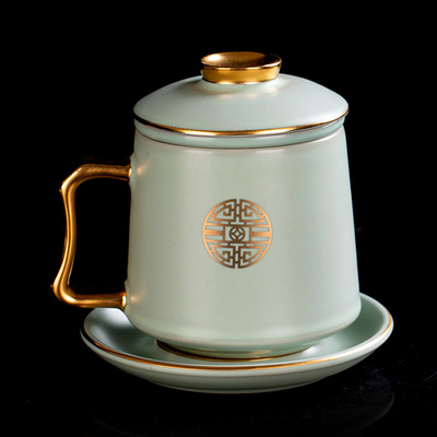 茶水分离办公杯套装 高档描金陶瓷会议杯 复古礼品杯