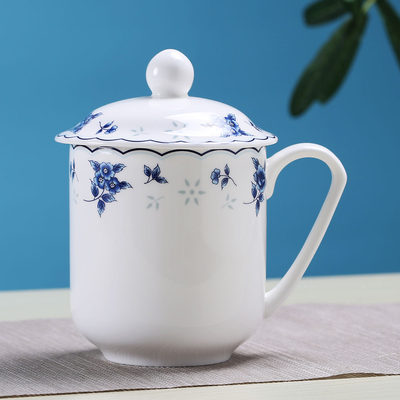 陶瓷带盖杯子 办公室水杯 会议杯定制青花瓷骨瓷水杯