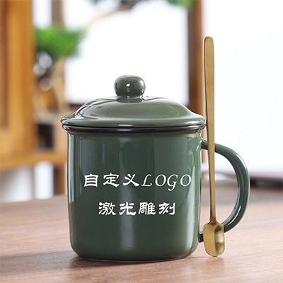 军绿陶瓷马克杯 仿搪瓷杯茶缸子 为人民服务杯子复古怀旧创意办公杯