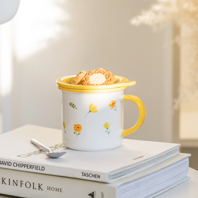 仿搪瓷陶瓷杯带盖勺 马克杯家用水杯 早餐杯可爱